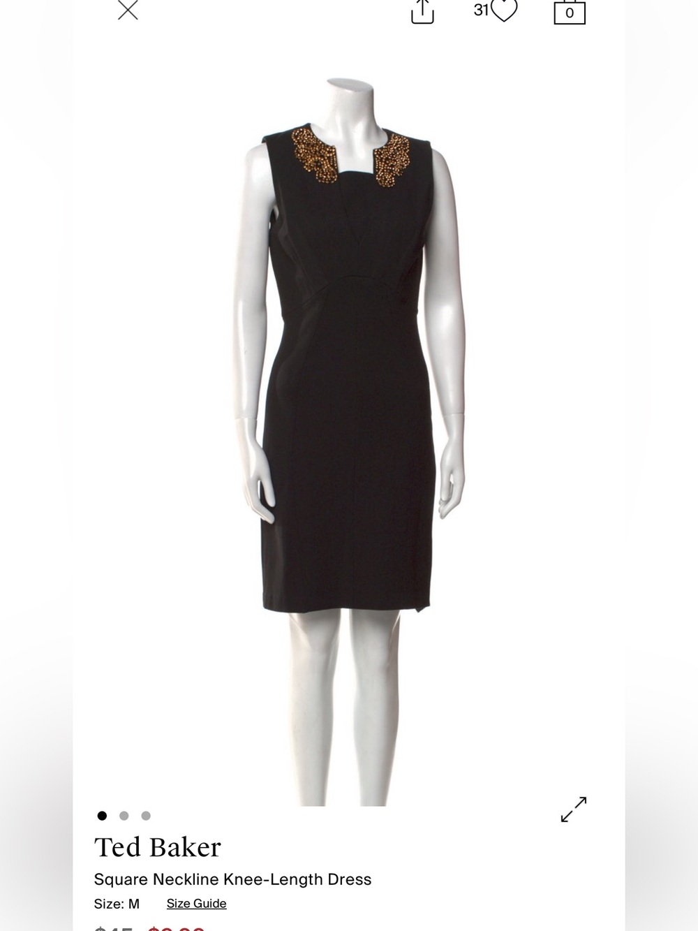 Ted Baker Black Midi Sheath Dress with Gold Embellished Neckline // size 2